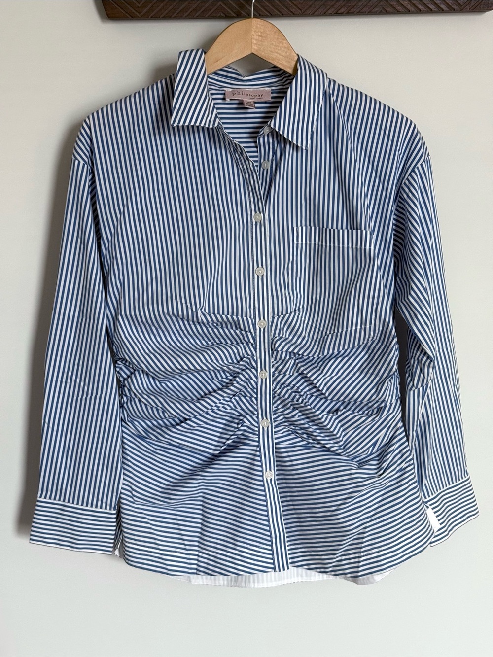 Philosophy Blue Striped Cinch Waist Gathered Ruched Button Down Shirt Large